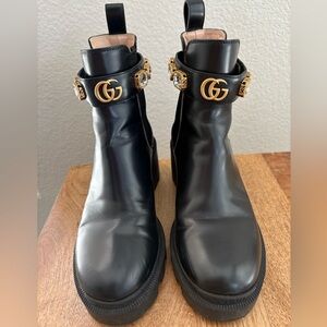 Gucci Chelsea Black Ankle Boots with Gold & Gemstone Embellishments